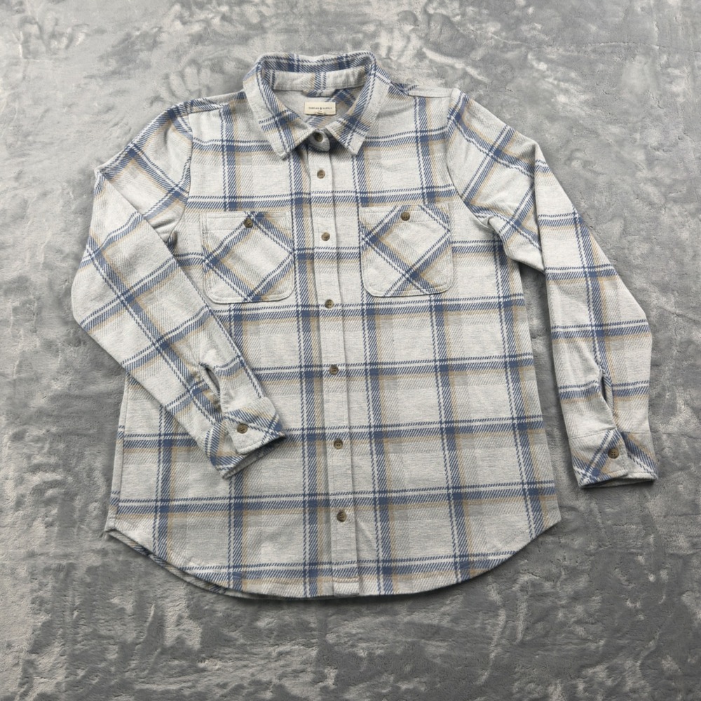 Thread & Supply Mens Large Cream Blue Plaid Button Down Shirt T1084PVXTS